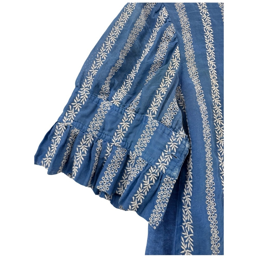 Tory Burch Blue and White Embroidered Organza Floral Stripe Top - Picture 5 of 11